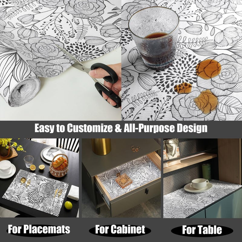 Amiitay Floral Drawer and Shelf Liner for Kitchen 16IN x 10FT, Non-Adhesive and Strong Non-Slip Cabinet Drawer Liners, Waterproof Thickened Shelf Liner,Easy to Clean,Black and White - Image 5